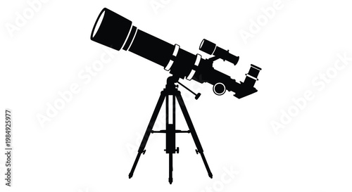 A black silhouette of a telescope on a tripod observing the night sky silhouette