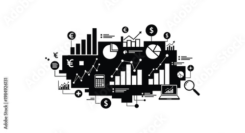 A complex arrangement of financial charts graphs and icons depicted in a striking black silhouette high quality professional detailed modern elegant