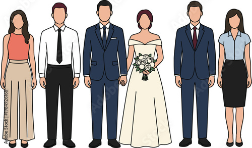 Vector Set of Wedding Characters, Bride and Groom with Wedding Party, Flat Illustration for Marriage Celebration