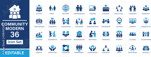 Community Modern 36 solid icon set. Social connection, teamwork, networking, training and protection vector icons. Web, editable, scalable, isolated.
