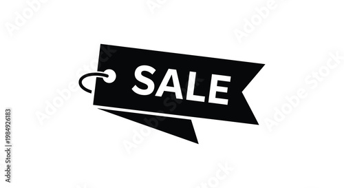 A black sale ribbon banner with a curled tail prominently displaying the word sale in white silhouette high quality professional detailed