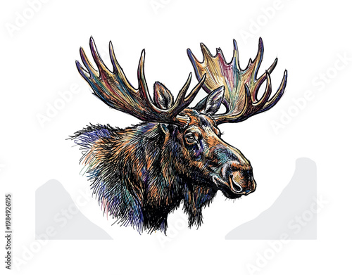 Vibrant, artistic portrait of a majestic moose with large, colorful antlers