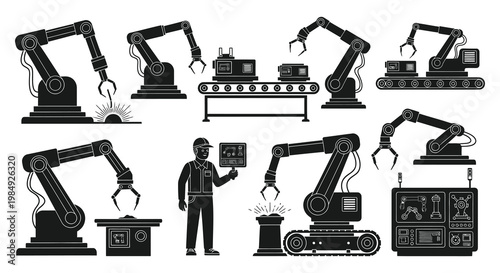 An assembly line featuring robotic arms a worker and industrial equipment presented in a striking silhouette high quality professional detailed modern