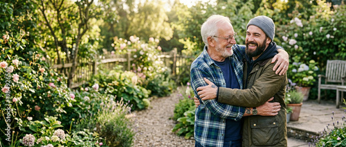Two men hugging each other outdoors with garden in background.