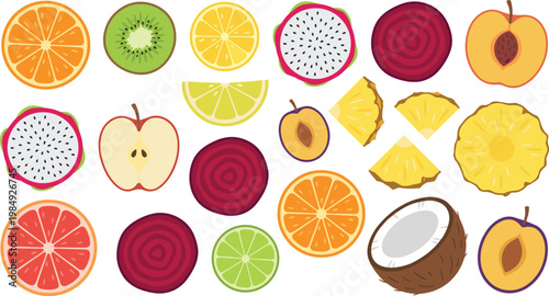 Mixed Fruit Slice Illustration Set with Citrus, Kiwi, Dragon Fruit, Apple, Coconut, Pineapple, and Beetroot Cross Sections for Fresh Food Design and Healthy Nutrition Concepts