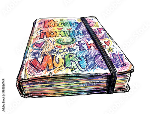 Colorful hand-drawn journal with elastic band and doodles