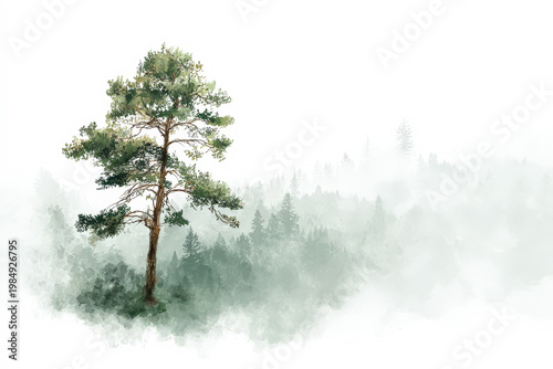 Lone Pine Tree in Misty Forest Landscape