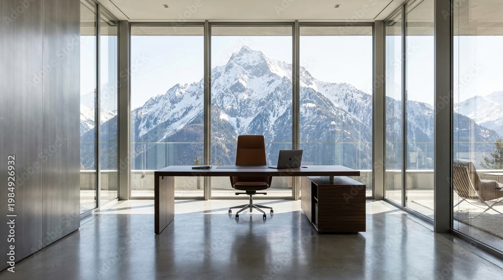 Fototapeta premium Minimalist office with glass walls overlooking a snow-covered mountain peak.. Realistic materials, clean focal point, believable