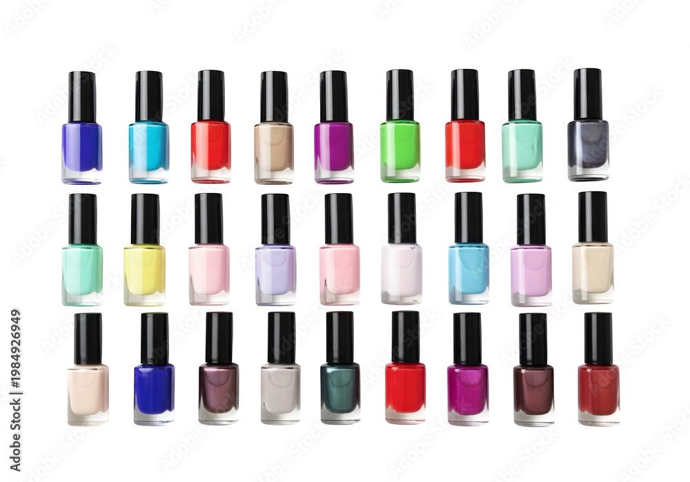 Obraz premium Collection of various colorful nail polish bottles isolated on transparent background