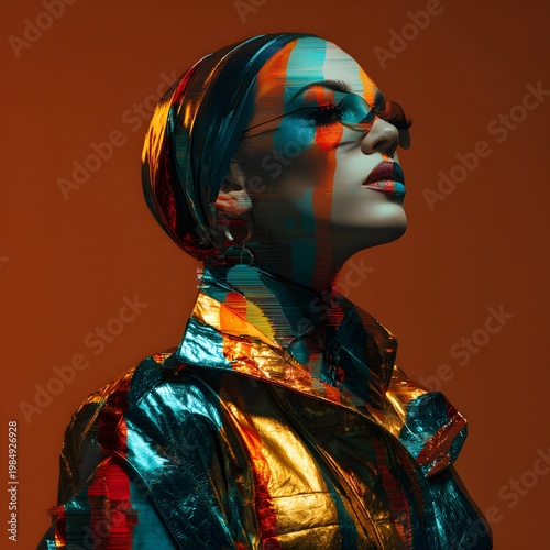 Avant-garde fashion portrait of a woman with digital distortion effects, wearing a metallic jacket and glasses against a vibrant orange background