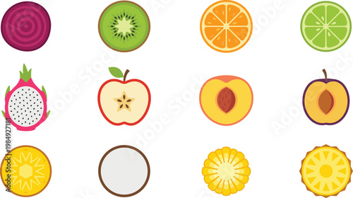 Fruit Cross Section Icon Set Featuring Apple, Kiwi, Citrus, Dragon Fruit, Peach, Plum, and Onion Slices for Healthy Food Design and Nutrition Illustrations