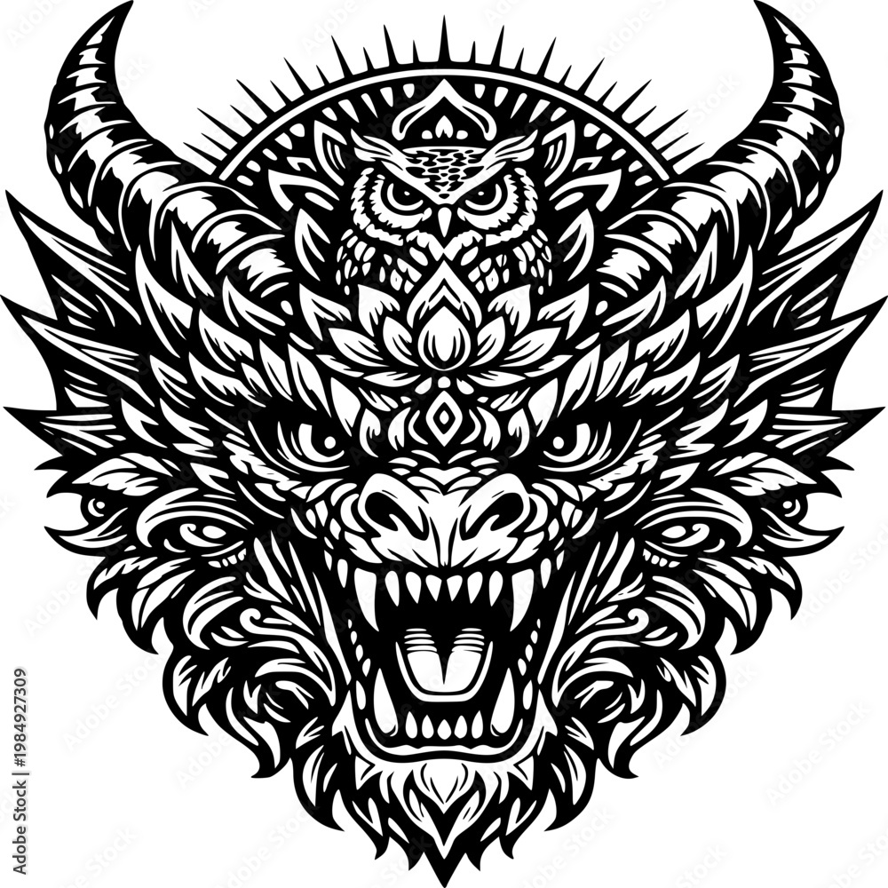 Fototapeta premium Tribal skull tattoo design featuring a skull with wings and a black feline tiger head illustration as a wild biker logo vector