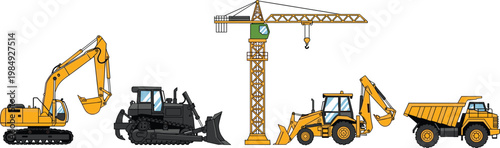 Construction equipment set including excavator bulldozer crane backhoe loader and dump truck on transparent background.