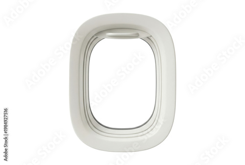 Airplane porthole or window with open shade and blank copy space for travel. Isolated on transparent background, png