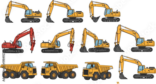 Various yellow and red construction excavators and large dump trucks in clean vector style.