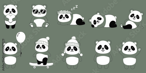 Cute cartoon pandas in various poses and activities on green background.