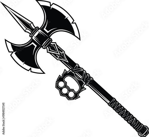 Black double headed axe with brass knuckles attached to handle.