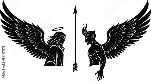 Angel and devil silhouettes with wings facing each other with arrow symbol.