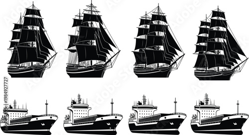 Silhouettes of sailing ships and cargo ships in black on a transparent background.