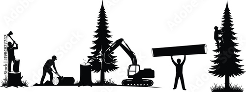 Silhouettes of lumberjacks and excavator working with trees on transparent background.