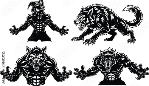 Set of four black and white illustrations of werewolves and wolf creatures in various poses.