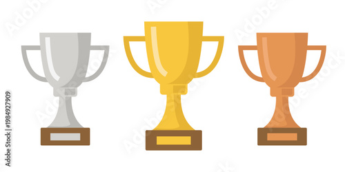 Gold, silver, and bronze trophies. Award cup. Vector flat cartoon hand-drawn clipart.