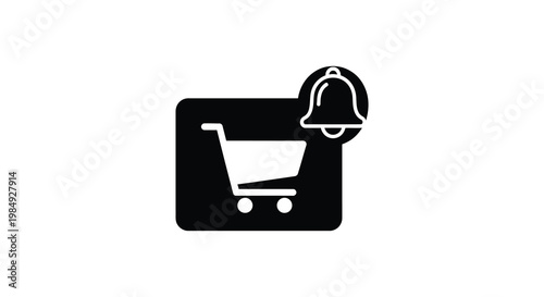 A black silhouette depicting a shopping cart with a notification bell above it representing online shopping alerts silhouette high quality professional
