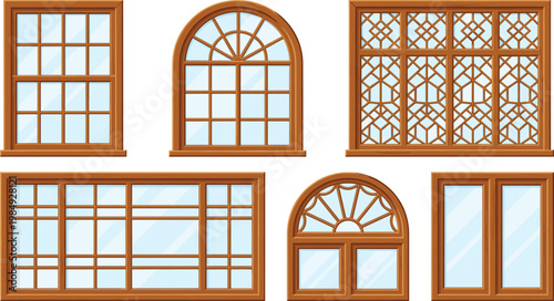 Collection of Classic Wooden Window Frames with Various Architectural Styles, Flat Vector Illustration Isolated on White