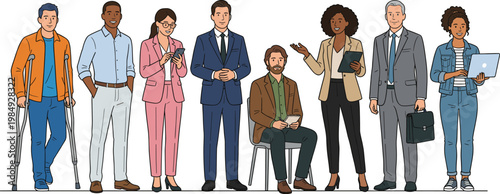 Diverse Professional Business Team with People of Various Ages and Abilities, Flat Vector Illustration Isolated on White