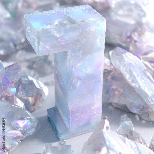 Abstract luxury composition featuring the number one made of translucent crystal surrounded by iridescent quartz crystals on a reflective surface