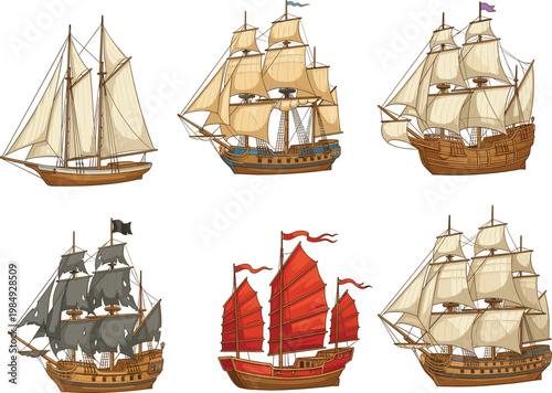 Set of Historical Sailing Ships Including Galleons, Chinese Junks, and Pirate Ships, Flat Vector Illustration