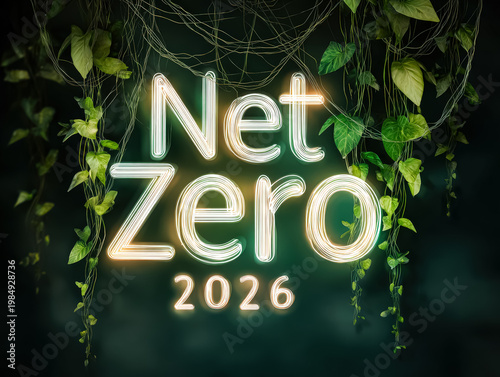 Conceptual Illustration of Net Zero 2026 with Neon Text