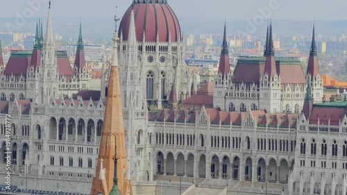 Aerial 4K video footage of Hungarian Parliament and Budapest architecture, stunning historic building from above, European cityscape, iconic landmark 