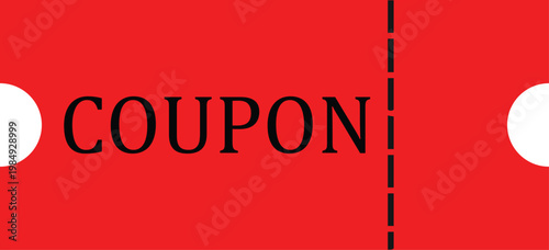 Red coupon with the word COUPON printed in black featuring white circles and a dashed perforation line ideal for retail promotions and discounts