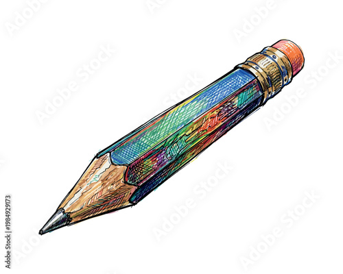 Colorful hand-drawn illustration of a graphite pencil with a sharpened tip and eraser