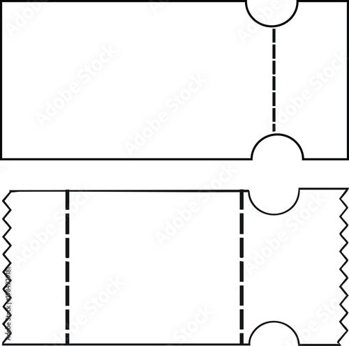 Blank ticket stub templates perforated and notched for events or raffles isolated on white background for design