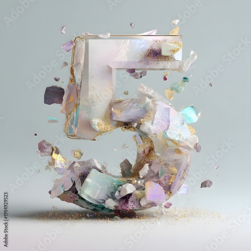 Abstract luxury composition of the number five, featuring fragmented gemstones and crystals in various colors against a soft gray background