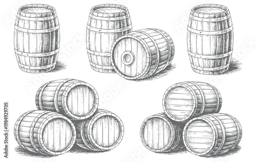 Hand drawn wooden barrel set vintage engraving style rustic cask illustration.