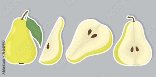 Sticker set with whole pear, half slice, piece. Illustration of  sweet fruits