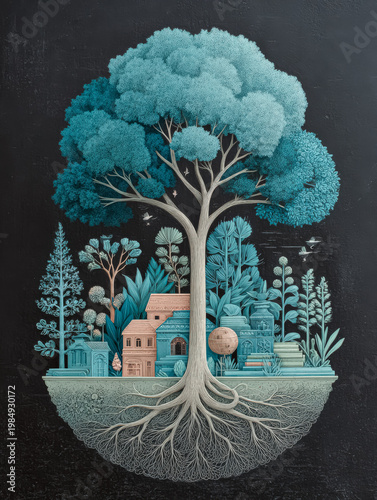Stylized Chalk Drawing of a Tree on a Green Blackboard