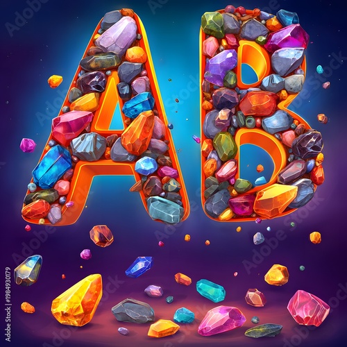 Abstract luxury composition of the letters A and B filled with colorful gemstones against a dark gradient background, showcasing vibrant hues and textures