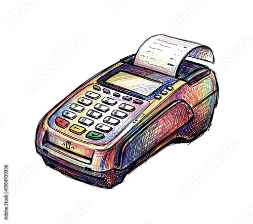Colorful sketch of a point of sale terminal with receipt paper coming out