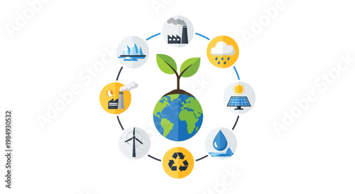 A circular diagram illustrating environmental factors like pollution energy and nature featuring a world globe silhouette high quality professional detailed modern