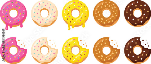 Colorful Donut Icon Set with Sprinkles, Chocolate, Glazed, and Bite Variations for Bakery Branding, Food Packaging, Menu Design, and Sweet Dessert Illustrations