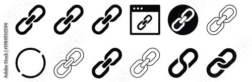 Chain link icons illustration set, silhouette and line designs representing connection networking and linking concepts isolated on transparent background.