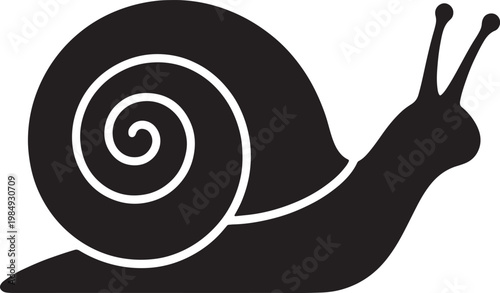 Black silhouette of a snail with a spiral shell and antennae, isolated on a white background, also transparent background