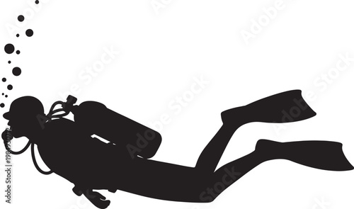 Black silhouette of a scuba diver with bubbles rising, swimming underwater also transparent background