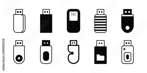 Flash drive icons illustration, silhouette and outline pack in various orientations for storage device, data transfer, and technology design