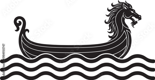 Black viking longship with dragon head and wavy water, stylized silhouette also transparent background