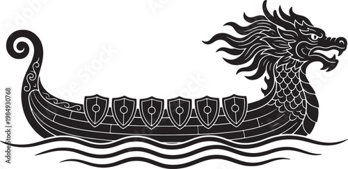 Black viking longship with dragon head prow and shields on white background, stylized waves below also transparent background